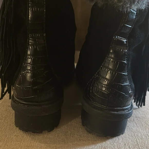 Sam Edelman Women’s Tilden Suede Leather Faux Fur Fringe Boots Black Size 9.5 - Picture 14 of 16